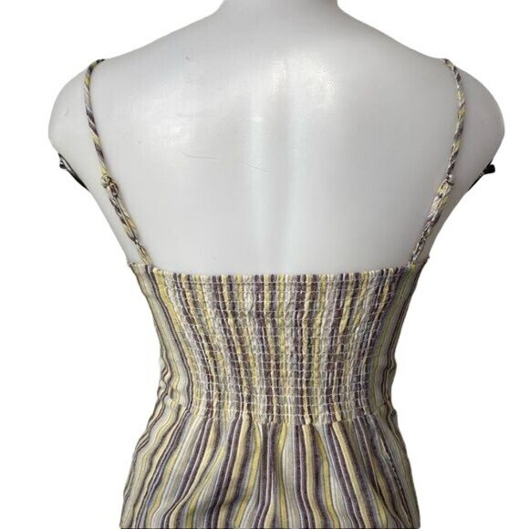 Mind Code Pin Striped Mini Linen Y2K Yellow Blue Brown Button Dress Size S - Picture 7 of 12